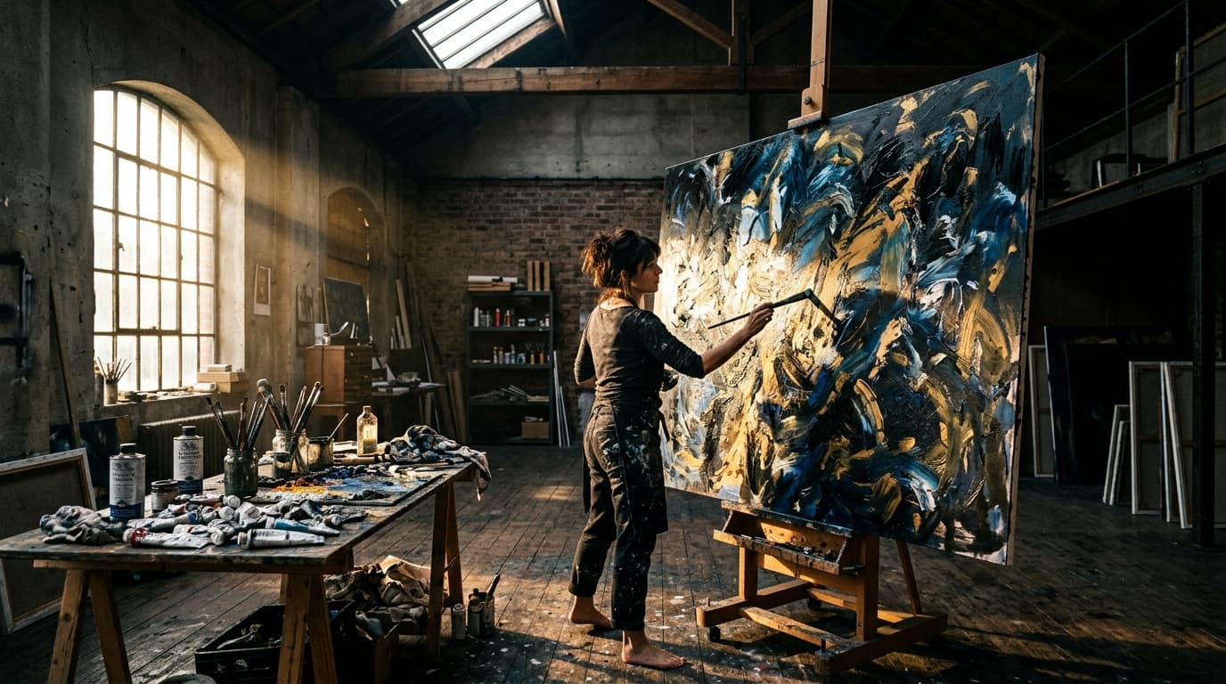 Fine artist creating an expressive artwork on canvas in a sunlit loft studio